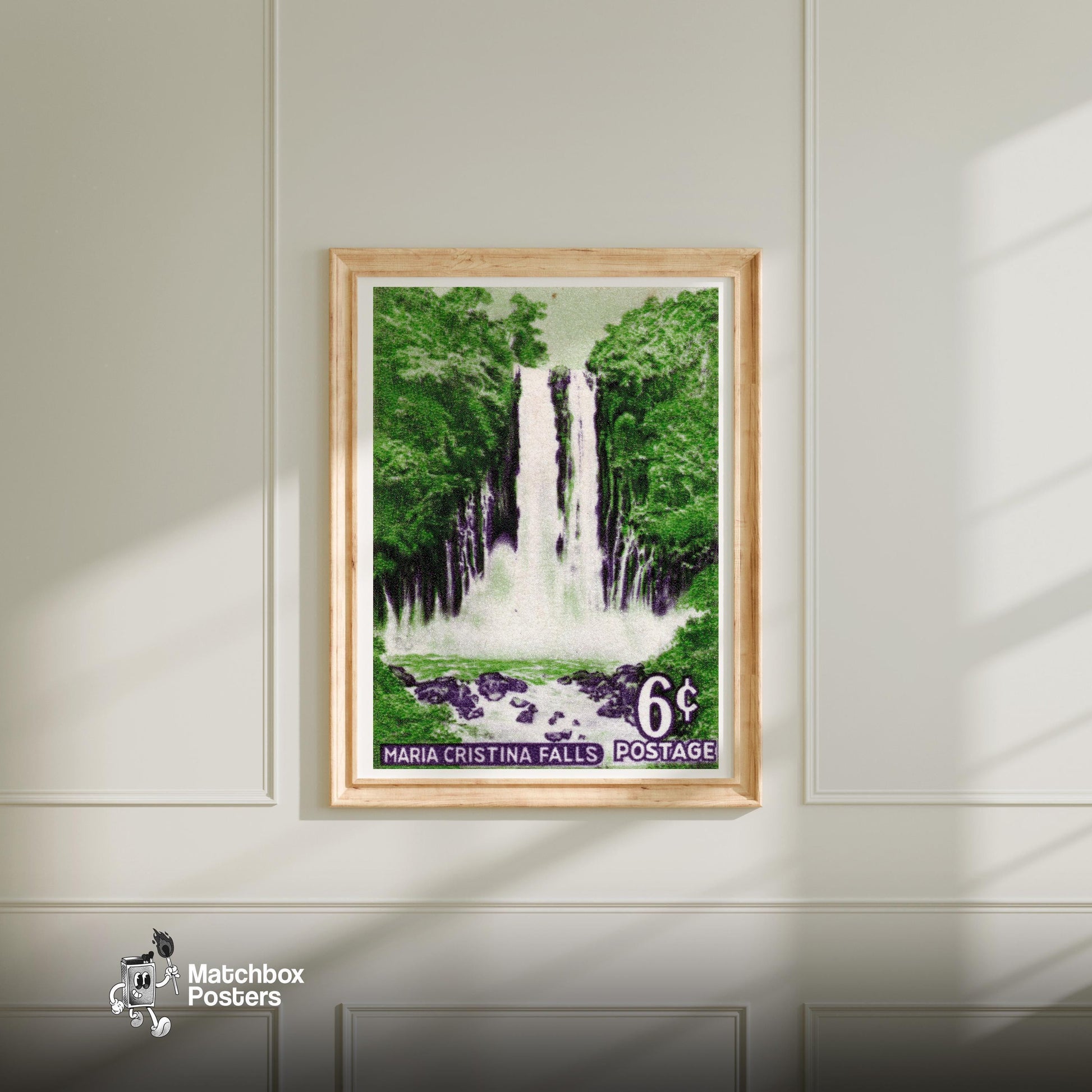 Maria Cristina Falls - vintage matchbox label print - bedroom mockup