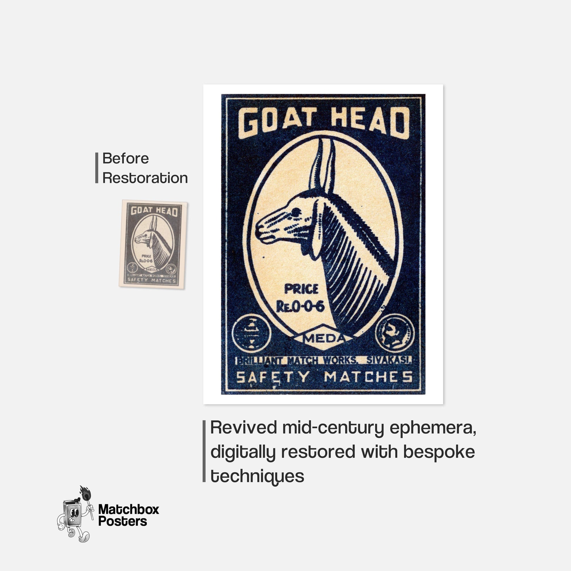 Goat Head - vintage matchbox label print - framed wall art preview