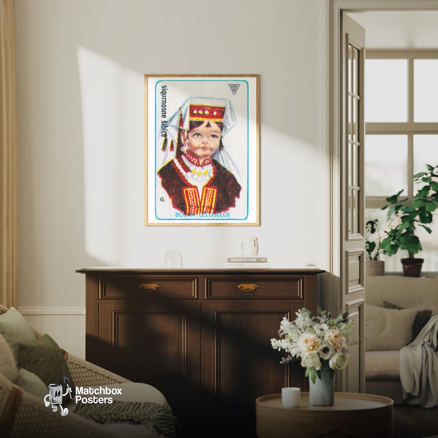 Bosnian Girl - vintage matchbox label print - living room mockup
