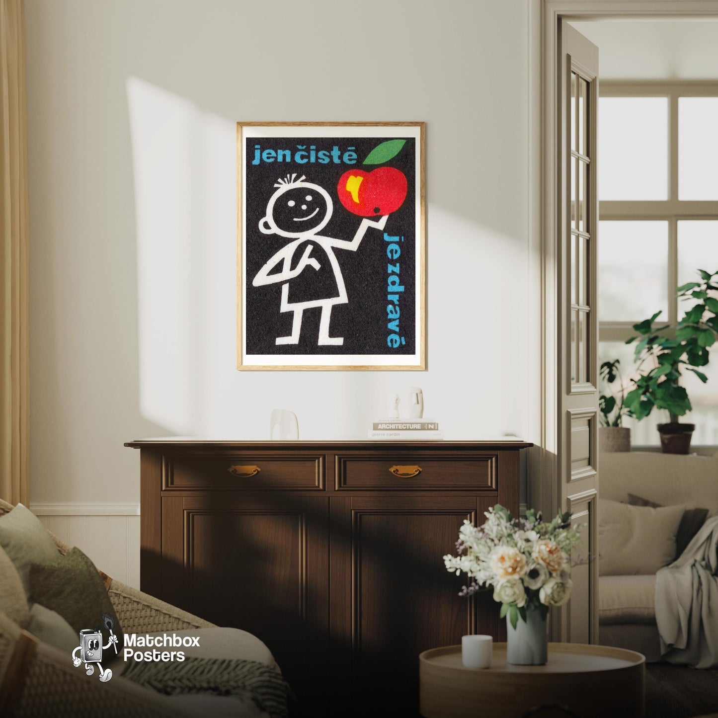 Child with Red Apple - vintage matchbox label print - living room mockup