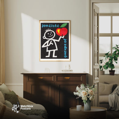 Child with Red Apple - vintage matchbox label print - living room mockup