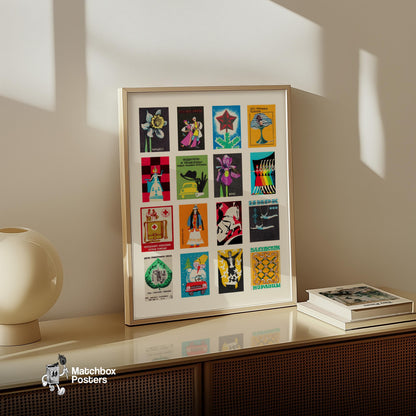 Russians Grid - vintage matchbox label print - bedroom mockup
