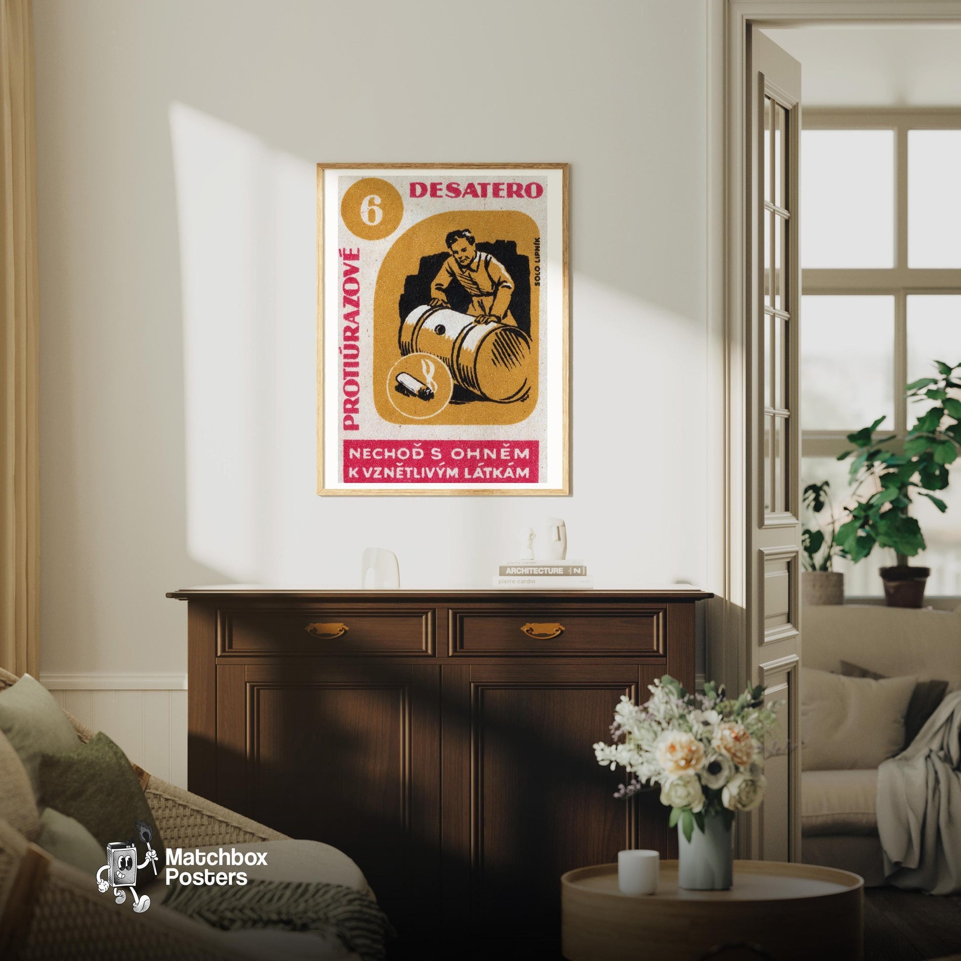 Beware Lit Cigarettes! - vintage matchbox label print - living room mockup