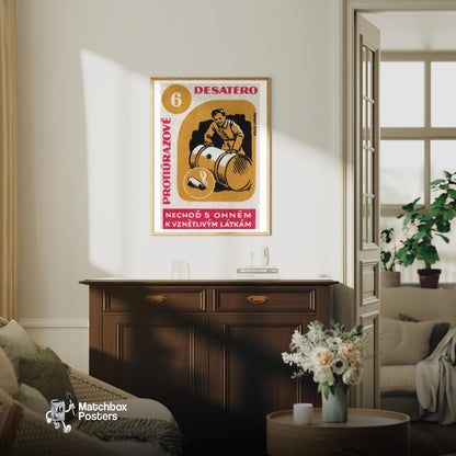 Beware Lit Cigarettes! - vintage matchbox label print - living room mockup