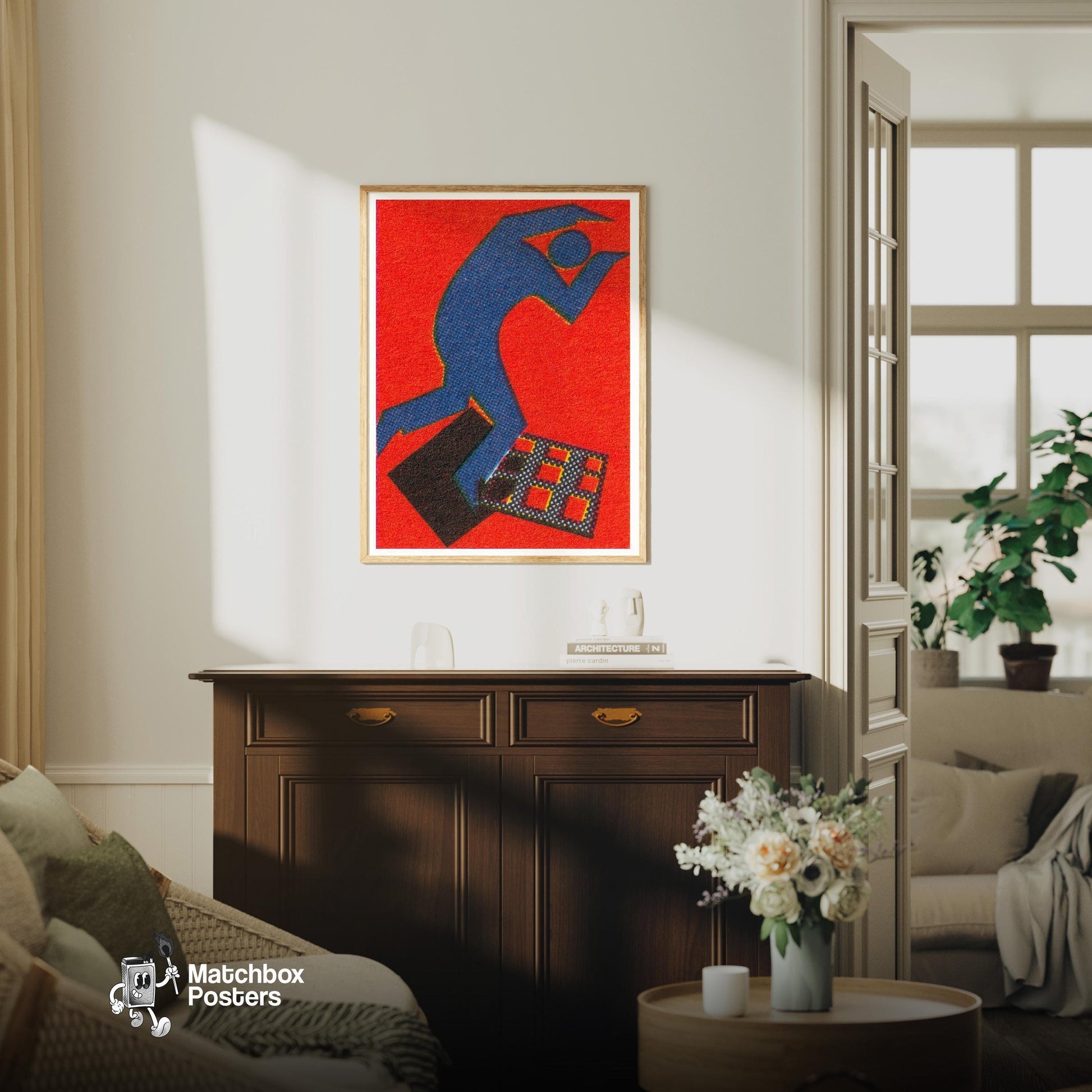 Blue Figure - vintage matchbox label print - living room mockup