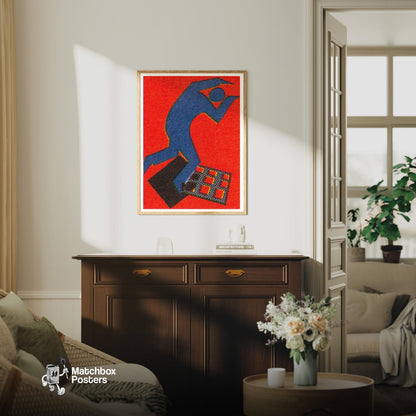 Blue Figure - vintage matchbox label print - living room mockup