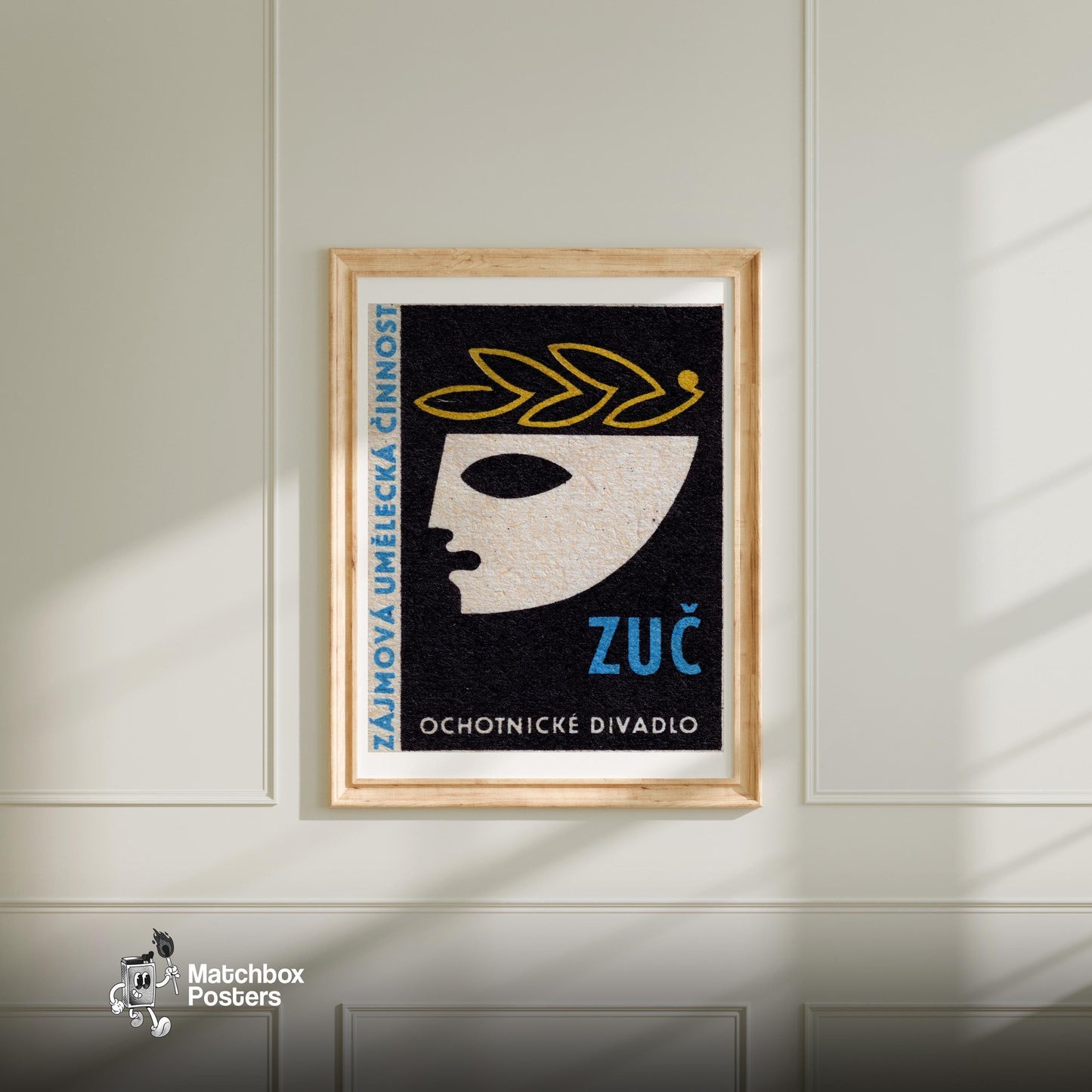 Theater Mask - vintage matchbox label print - bedroom mockup