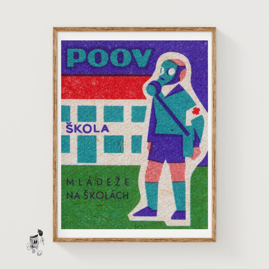 Child in Gas Mask - vintage matchbox label print