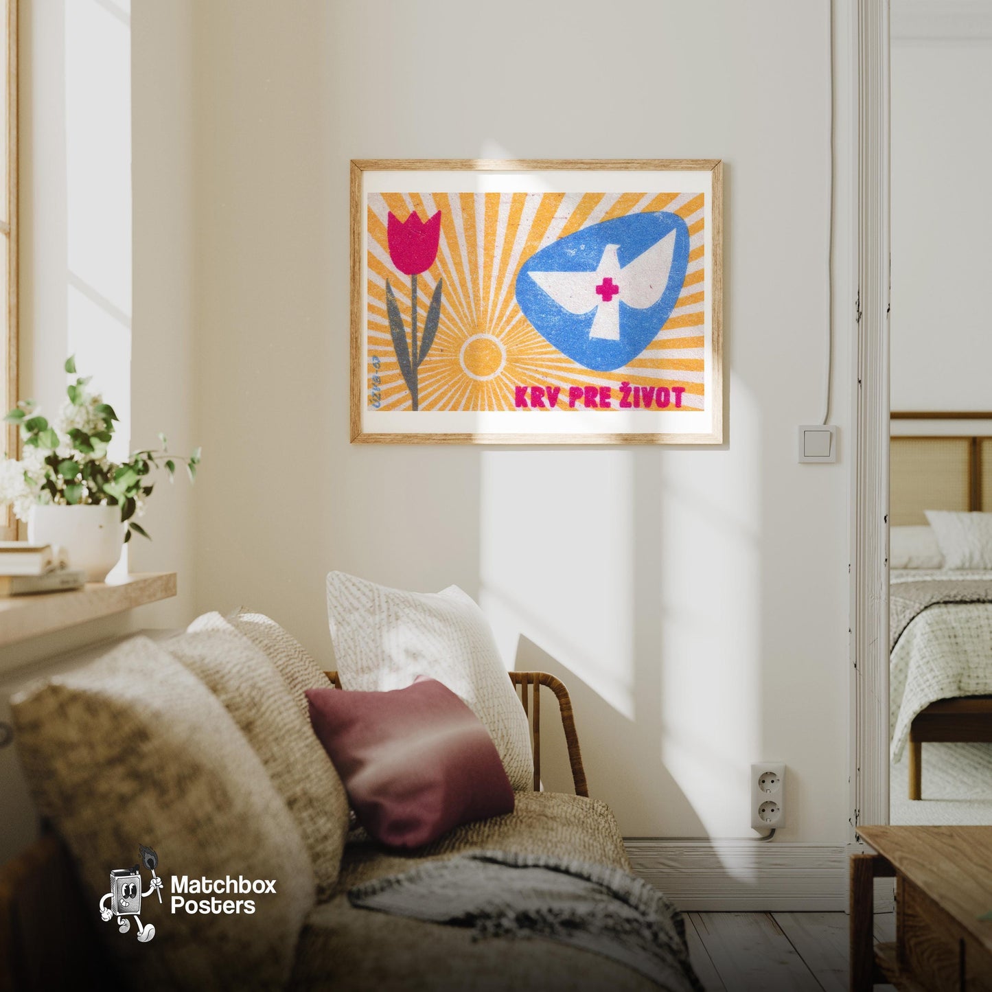 Dove with Red Cross - vintage matchbox label print - living room mockup