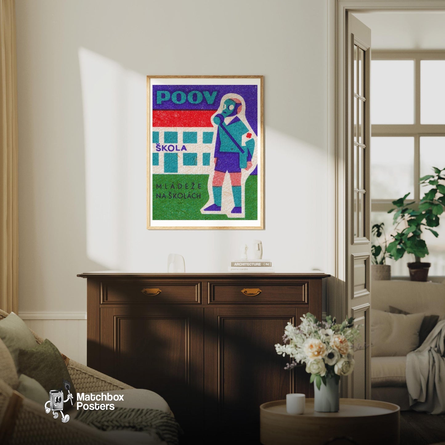 Child in Gas Mask - vintage matchbox label print - living room mockup