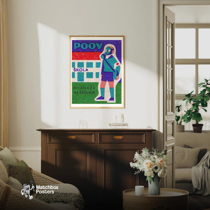Child in Gas Mask - vintage matchbox label print - living room mockup