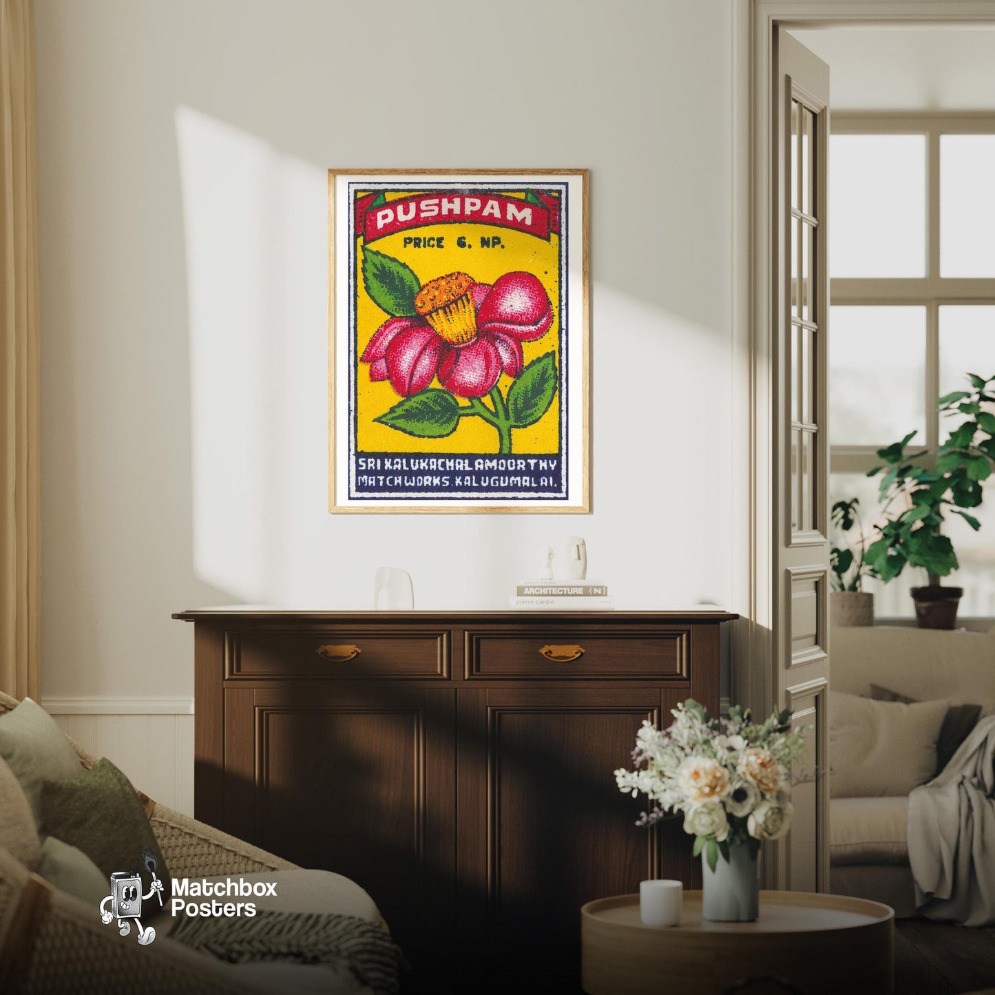 Red Flower - vintage matchbox label print - living room mockup