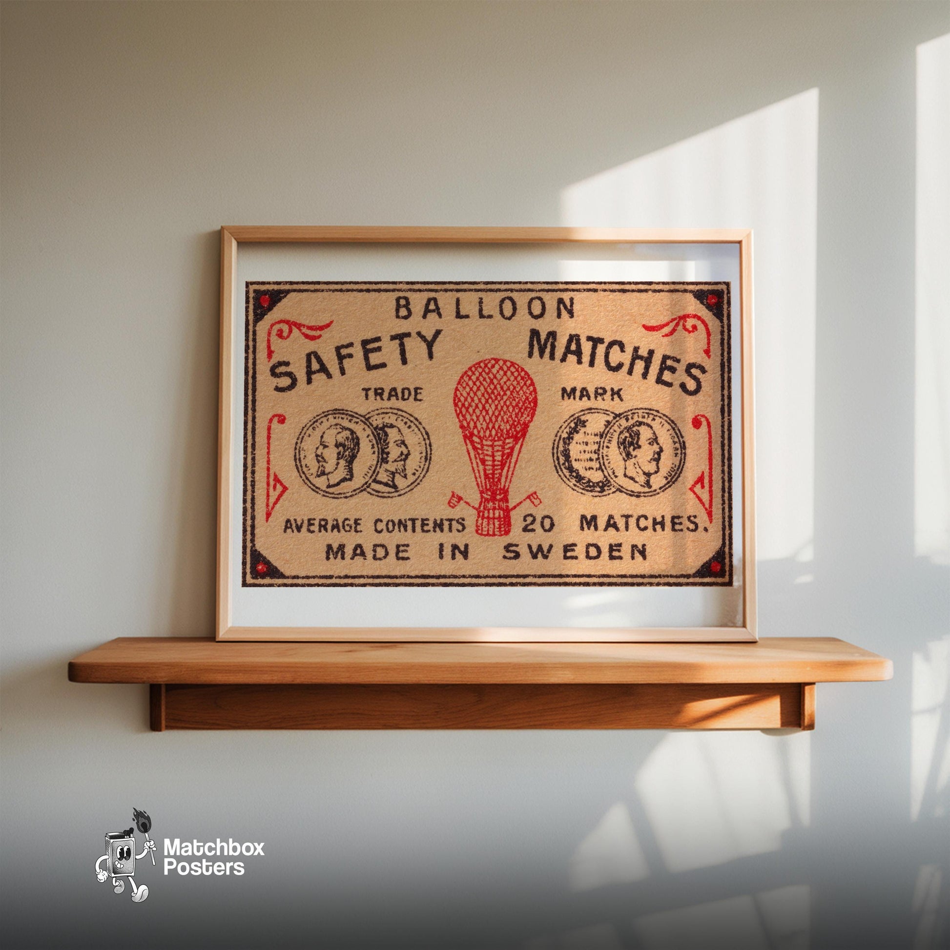 Red Hot Air Balloon - vintage matchbox label print - size comparison