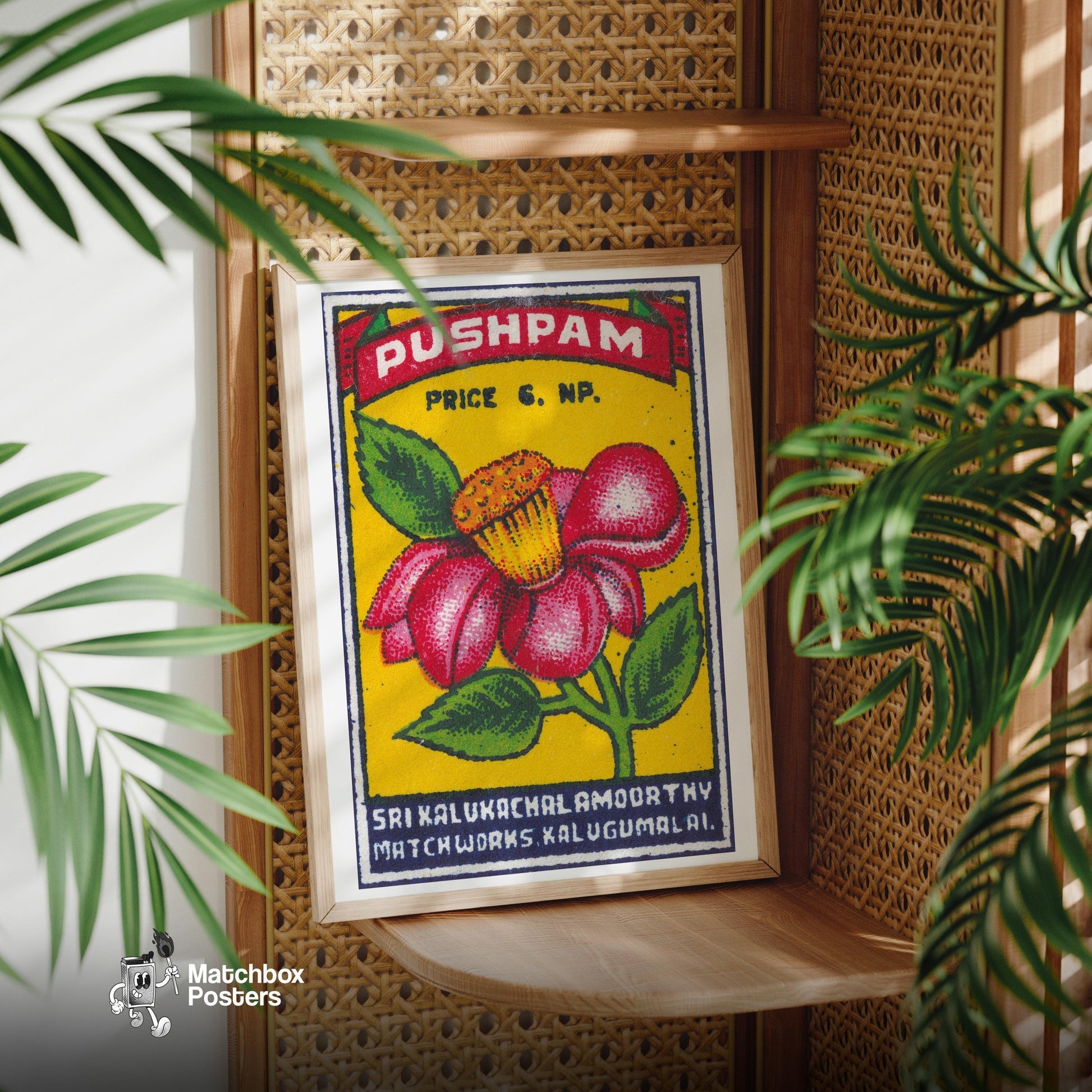 Red Flower - vintage matchbox label print - office wall