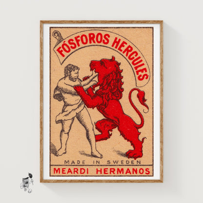 Hercules and Lion - vintage matchbox label print