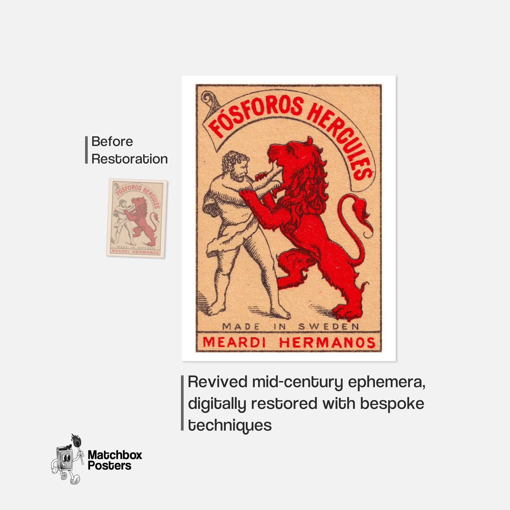 Hercules and Lion - vintage matchbox label print - framed wall art preview