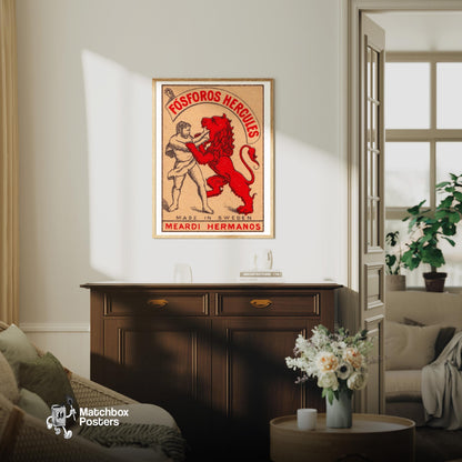 Hercules and Lion - vintage matchbox label print - living room mockup