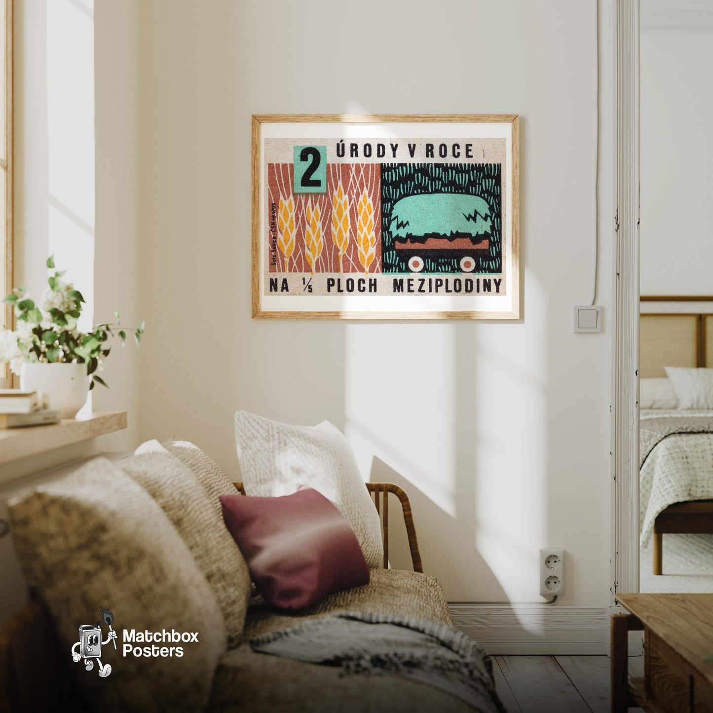 Wheat Harvest - vintage matchbox label print - living room mockup