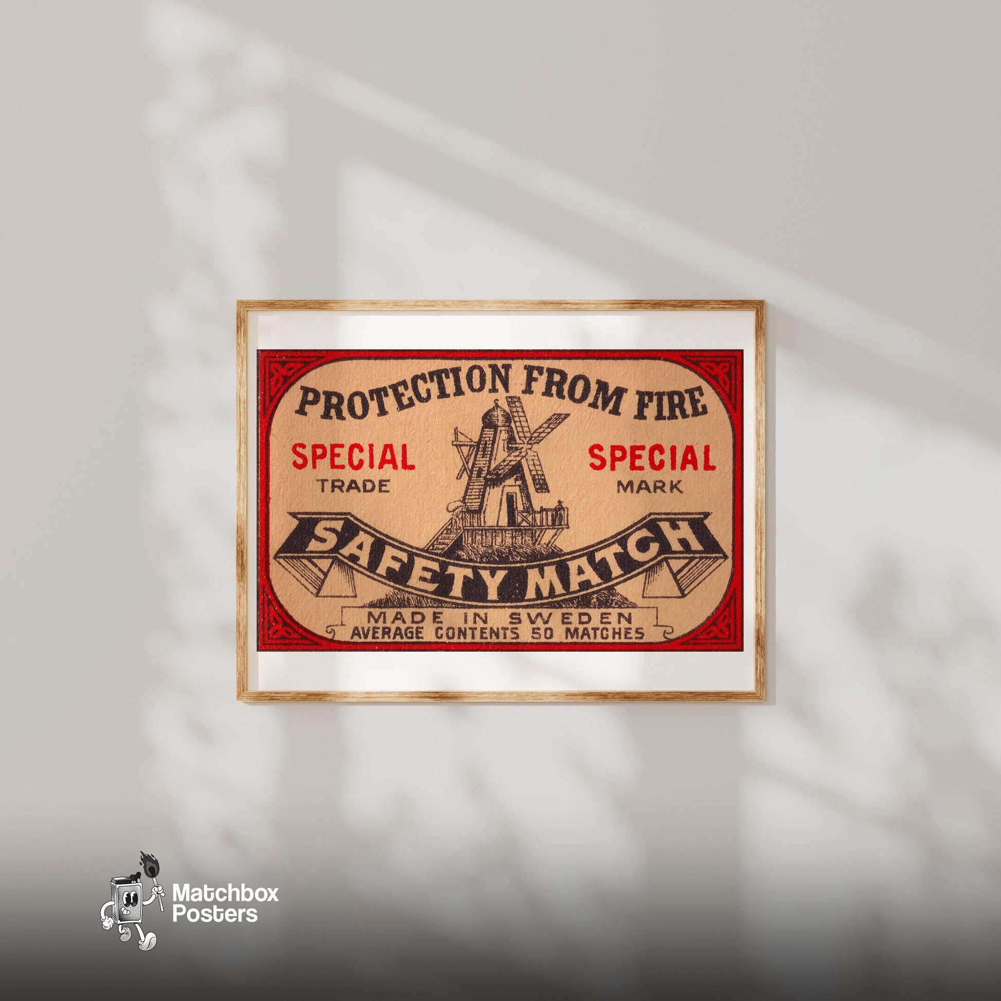 Windmill - vintage matchbox label print - bedroom mockup