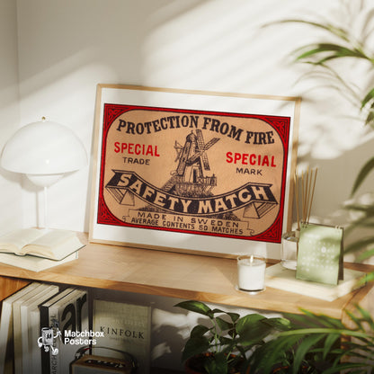 Windmill - vintage matchbox label print - office wall
