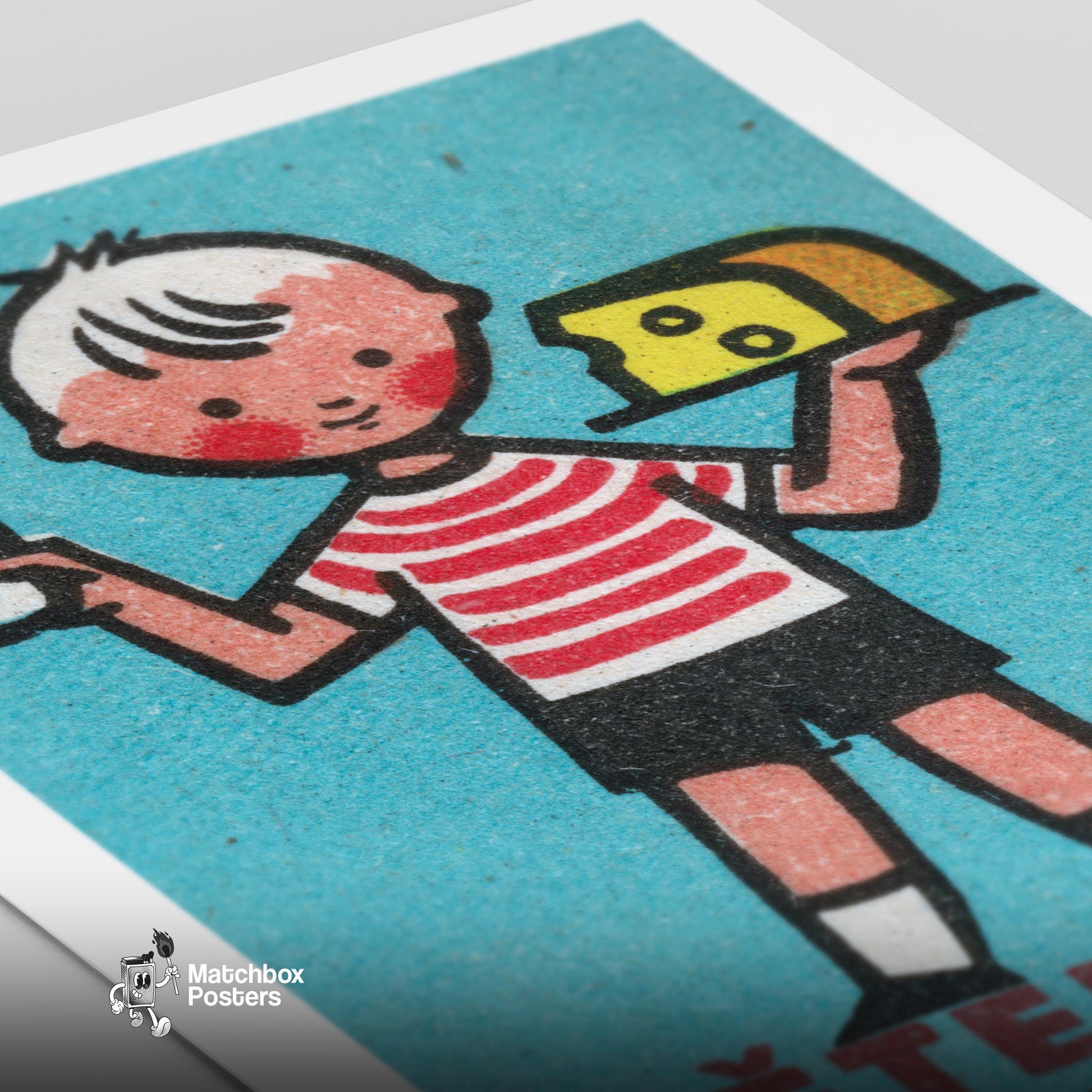 Child Holding Milk Bottle - vintage matchbox label print - close-up detail