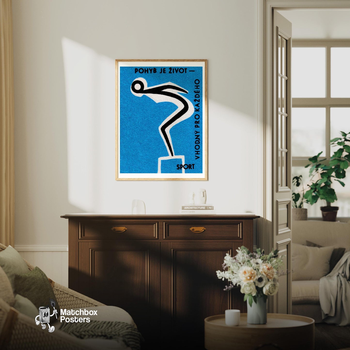 Swimming for Health - vintage matchbox label print - living room mockup