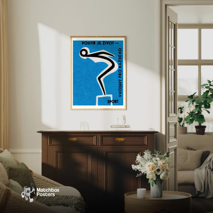 Swimming for Health - vintage matchbox label print - living room mockup