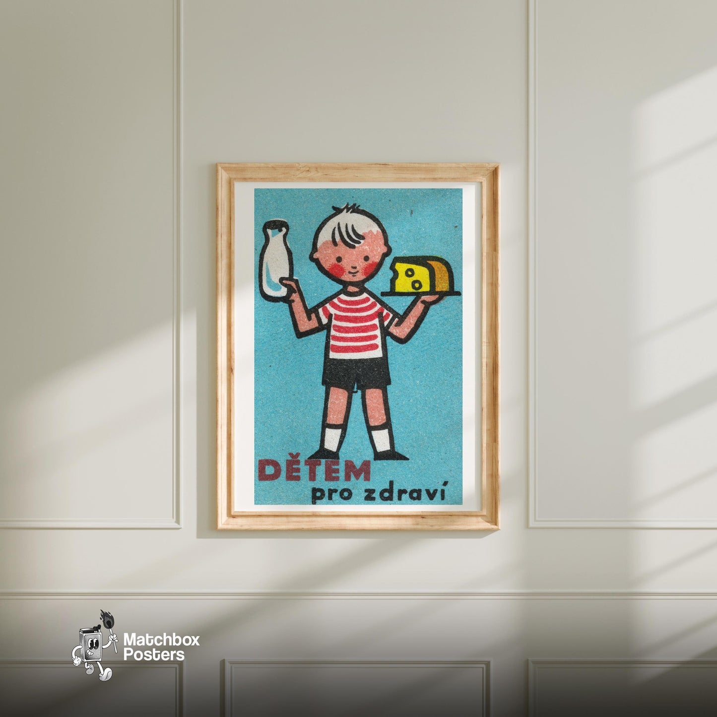 Child Holding Milk Bottle - vintage matchbox label print - bedroom mockup