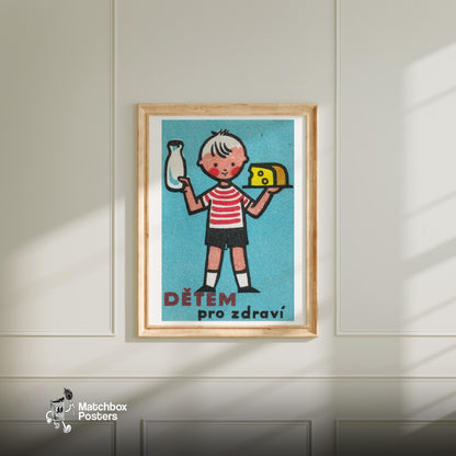Child Holding Milk Bottle - vintage matchbox label print - bedroom mockup