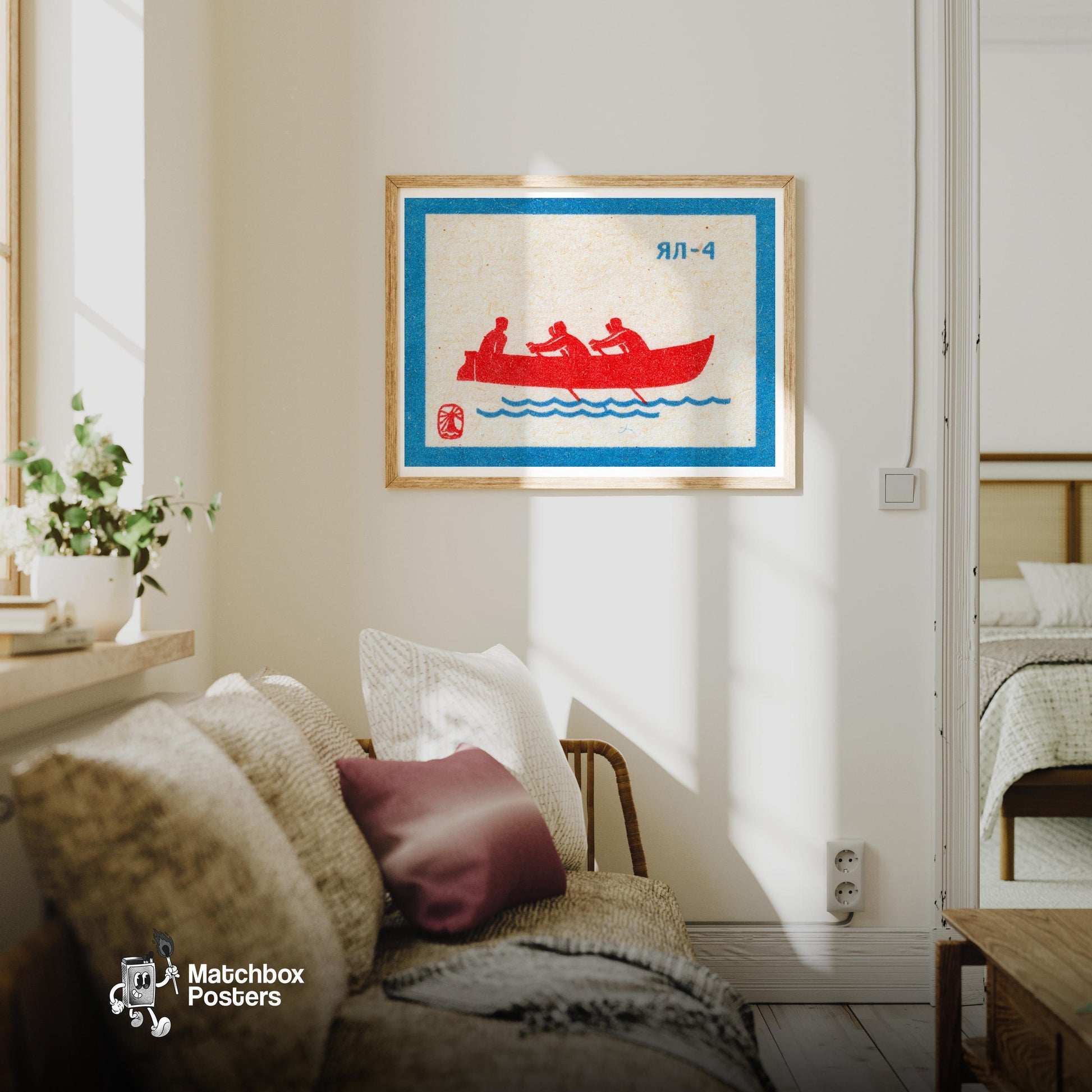 Rowers on Water - vintage matchbox label print - living room mockup