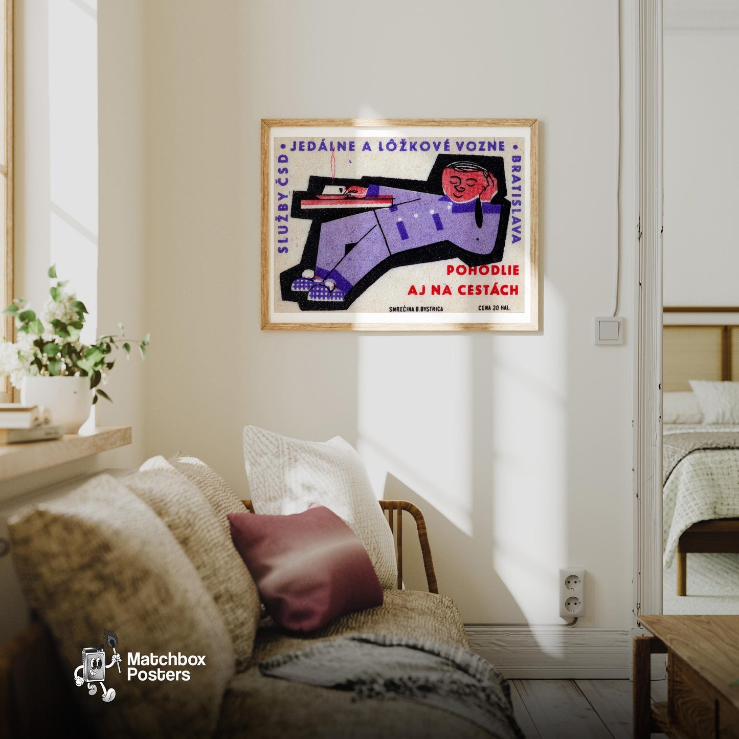 Reclining Traveler - vintage matchbox label print - living room mockup
