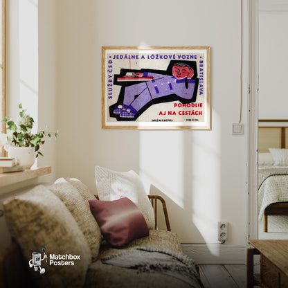 Reclining Traveler - vintage matchbox label print - living room mockup