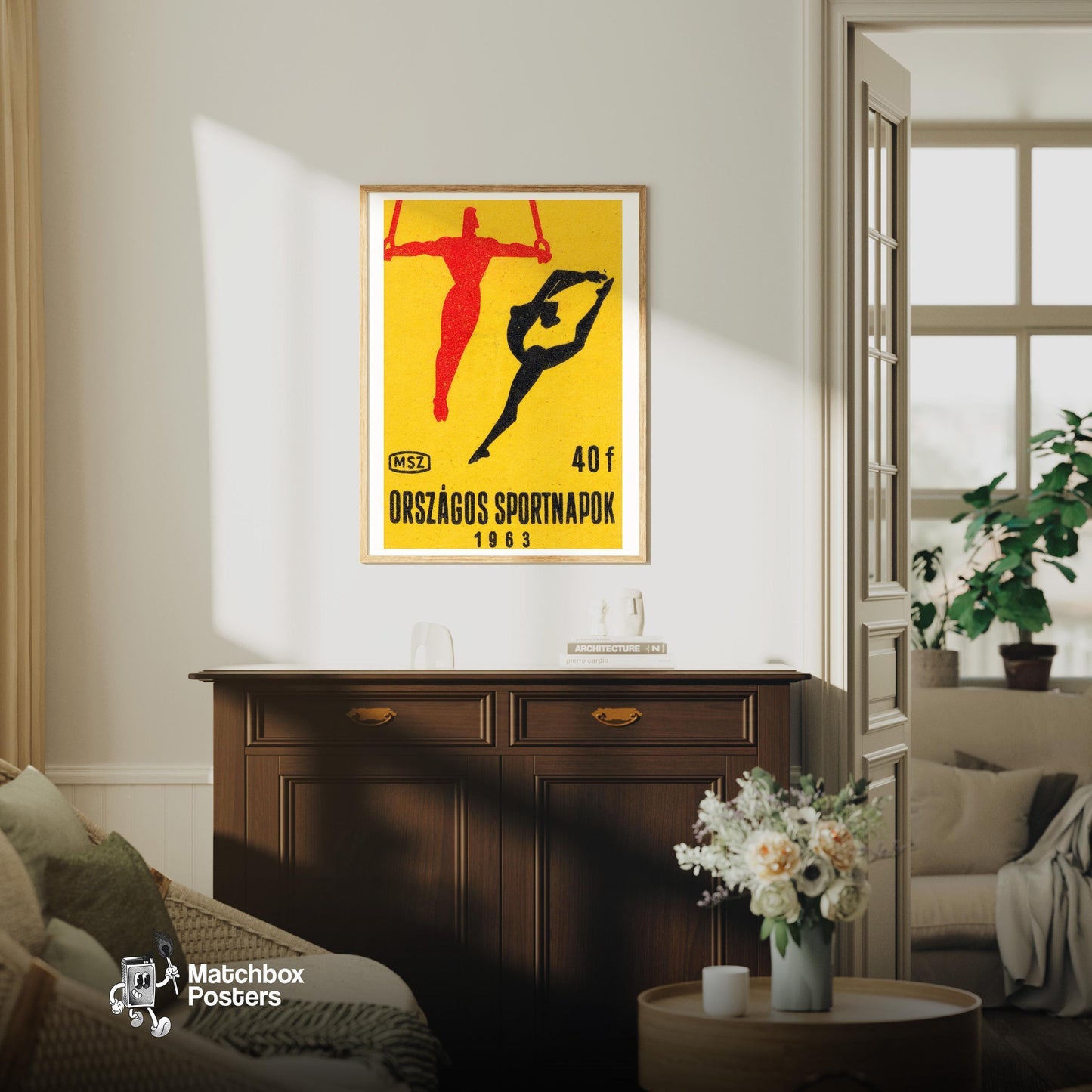 Gymnasts - vintage matchbox label print - living room mockup