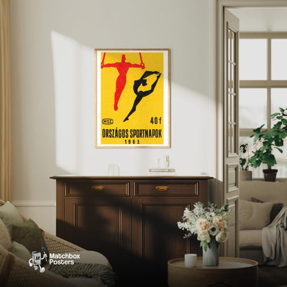 Gymnasts - vintage matchbox label print - living room mockup