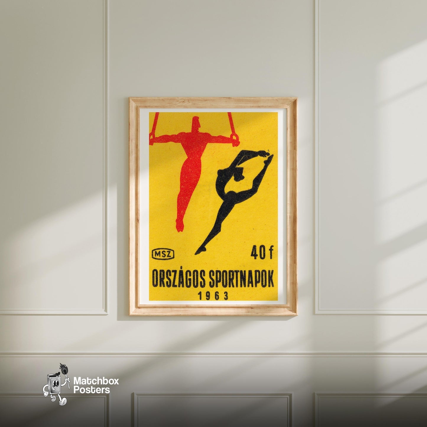 Gymnasts - vintage matchbox label print - bedroom mockup