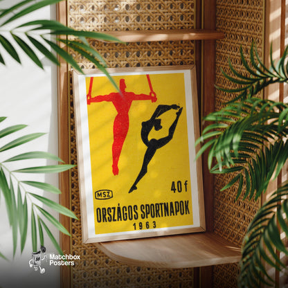 Gymnasts - vintage matchbox label print - office wall