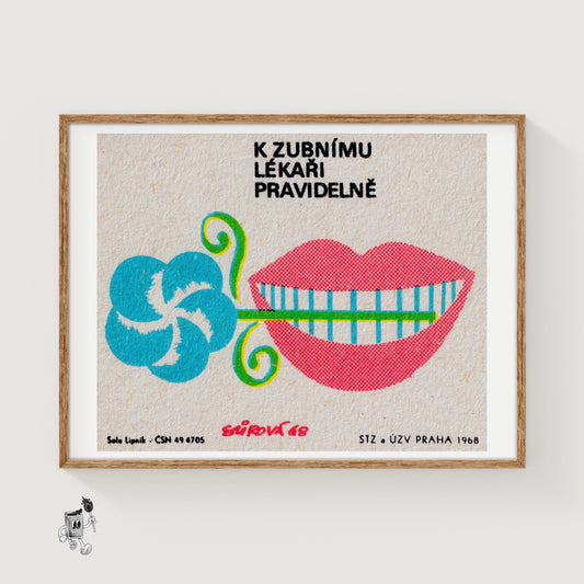 Red Lips with Toothbrush - vintage matchbox label print