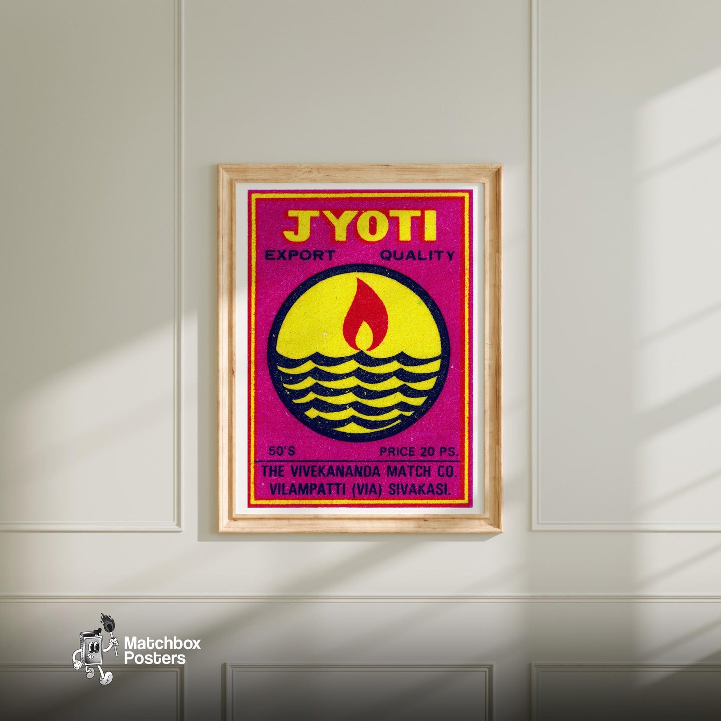 Red Flame - vintage matchbox label print - bedroom mockup