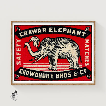 Elephant Holding A Flag - vintage matchbox label print