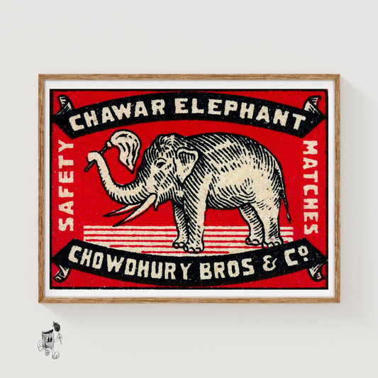 Elephant Holding A Flag - vintage matchbox label print