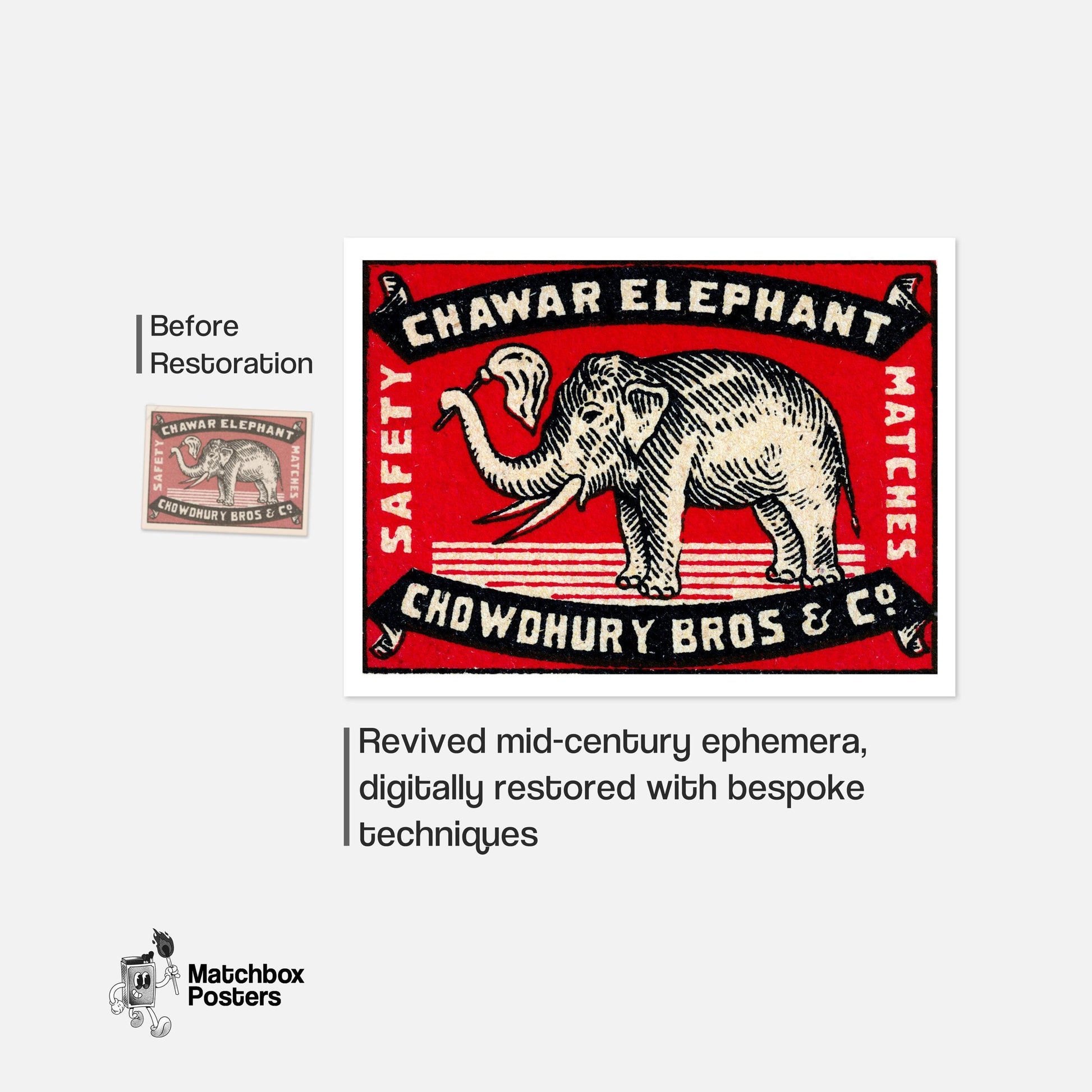 Elephant Holding A Flag - vintage matchbox label print - framed wall art preview