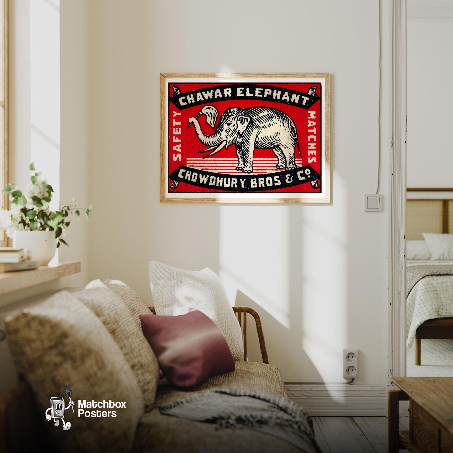 Elephant Holding A Flag - vintage matchbox label print - living room mockup