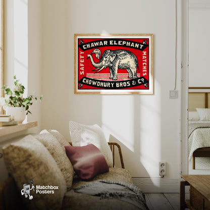 Elephant Holding A Flag - vintage matchbox label print - living room mockup
