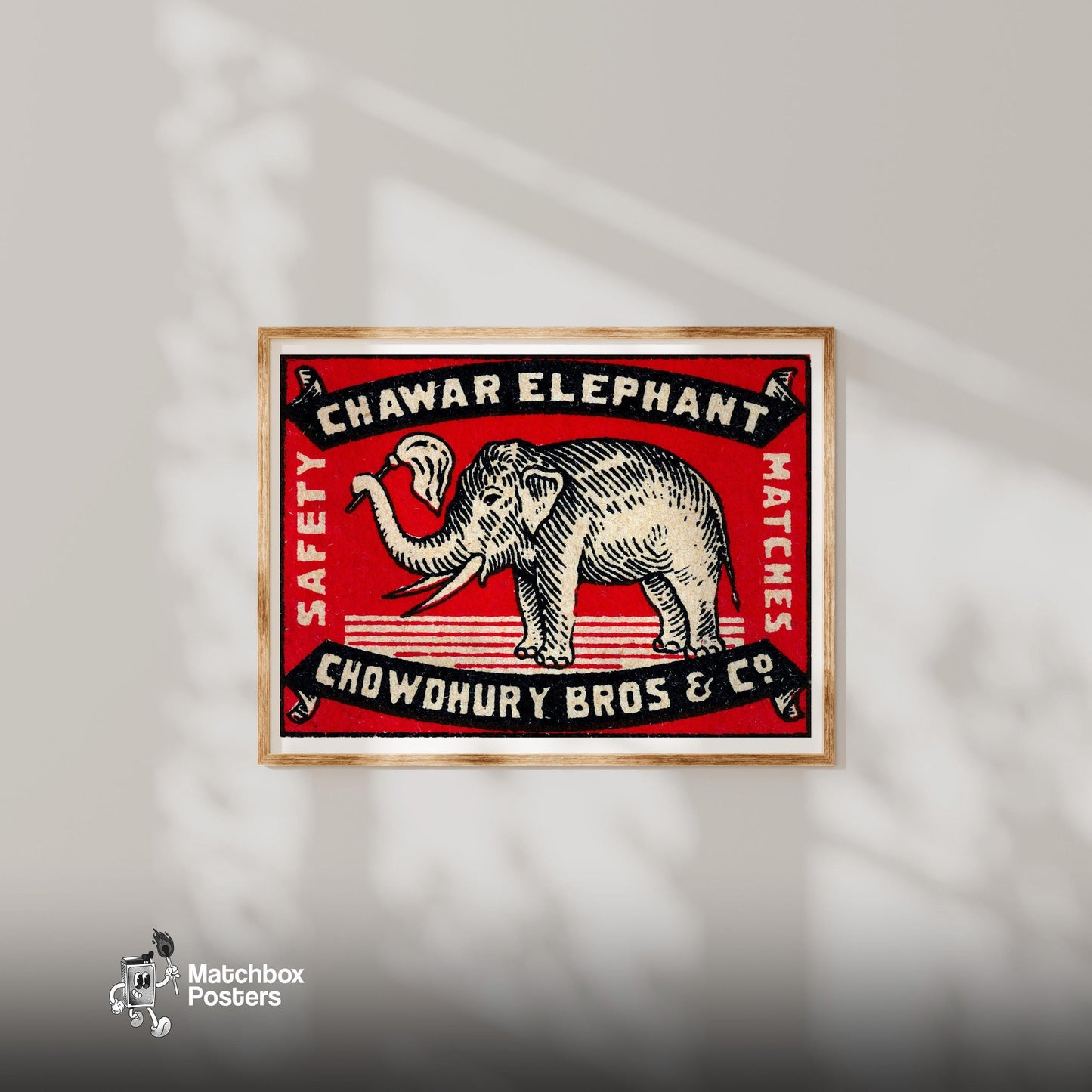 Elephant Holding A Flag - vintage matchbox label print - bedroom mockup