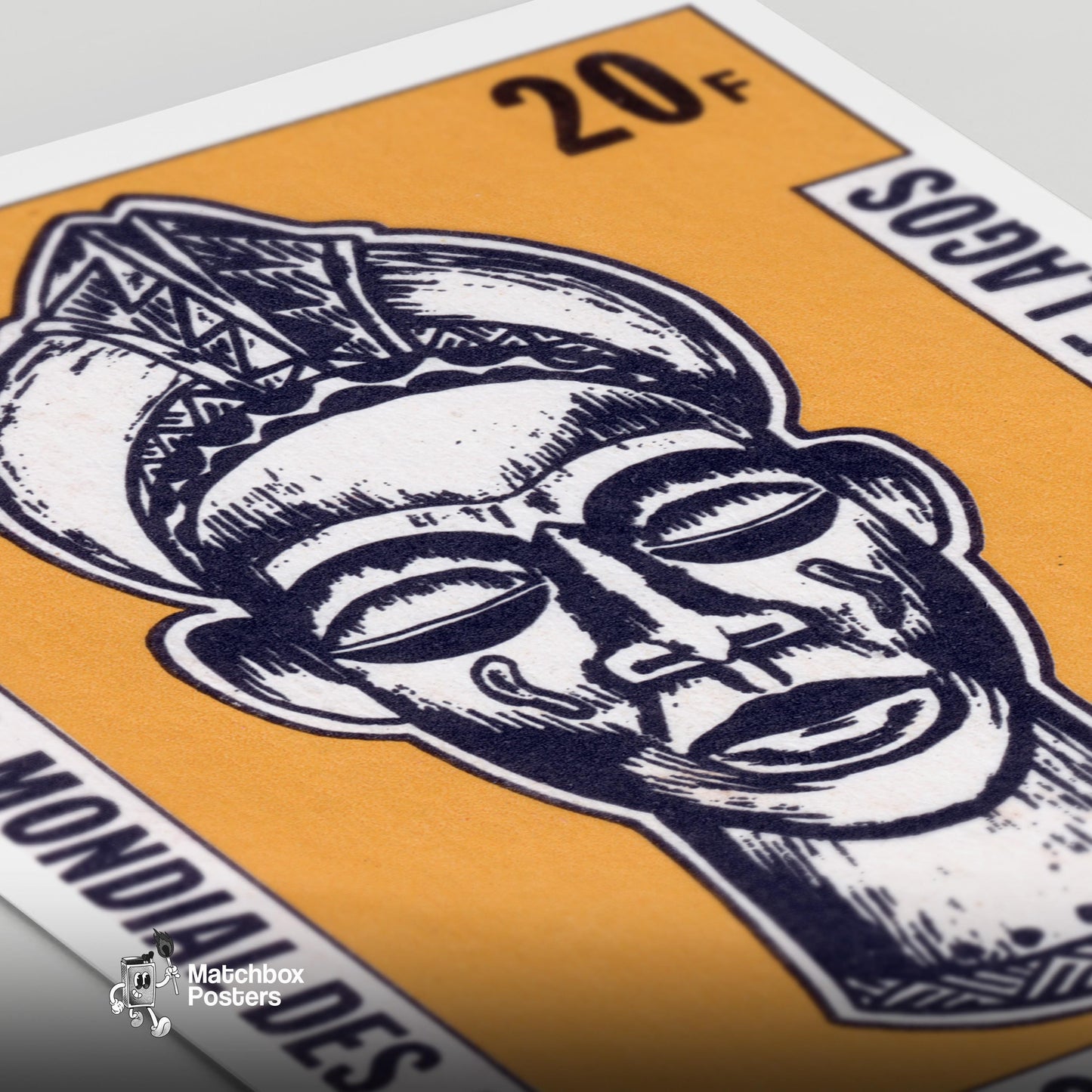 African Mask - vintage matchbox label print - close-up detail