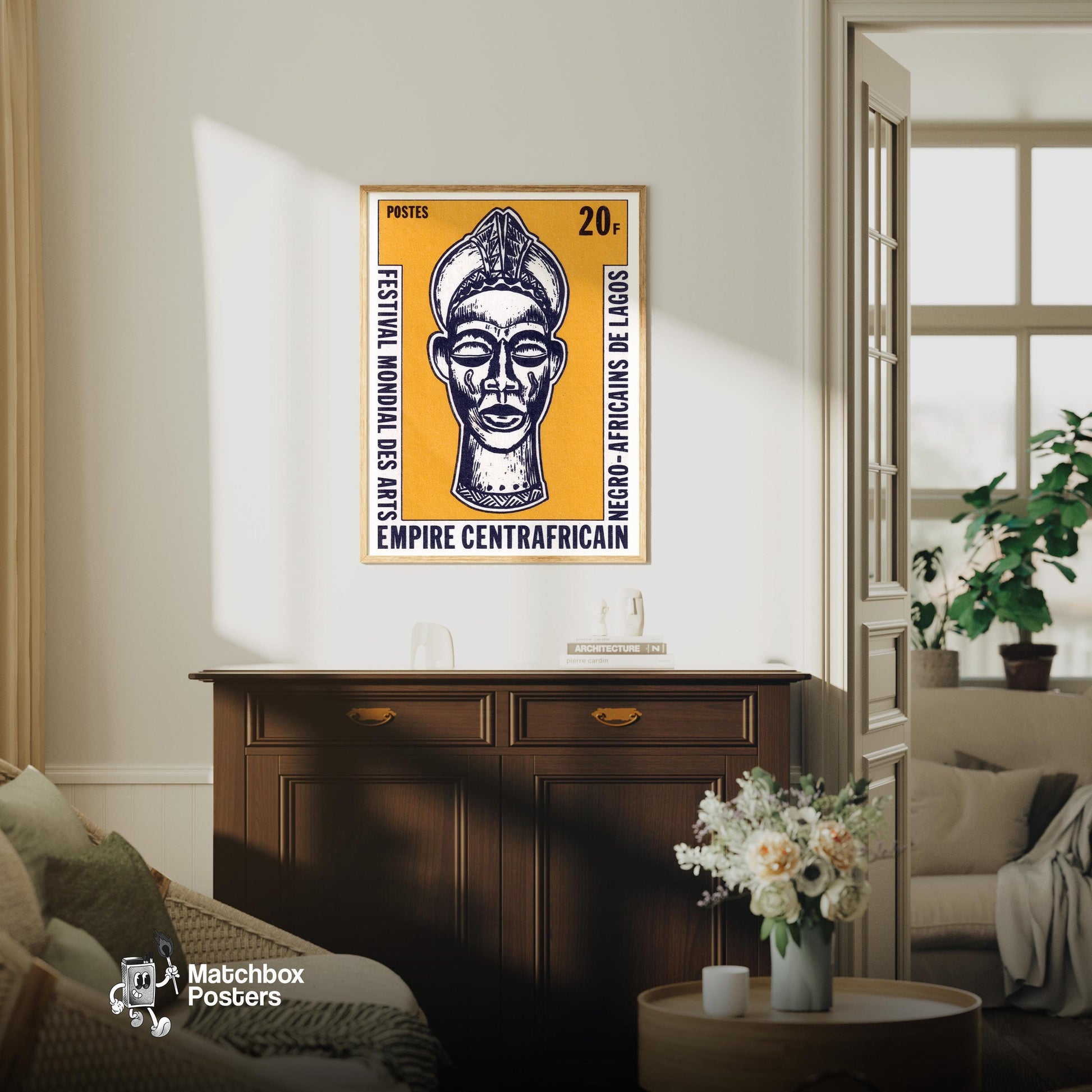 African Mask - vintage matchbox label print - living room mockup