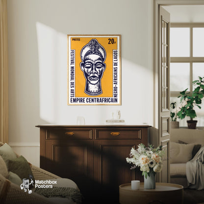 African Mask - vintage matchbox label print - living room mockup