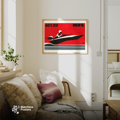Speedboat - vintage matchbox label print - living room mockup
