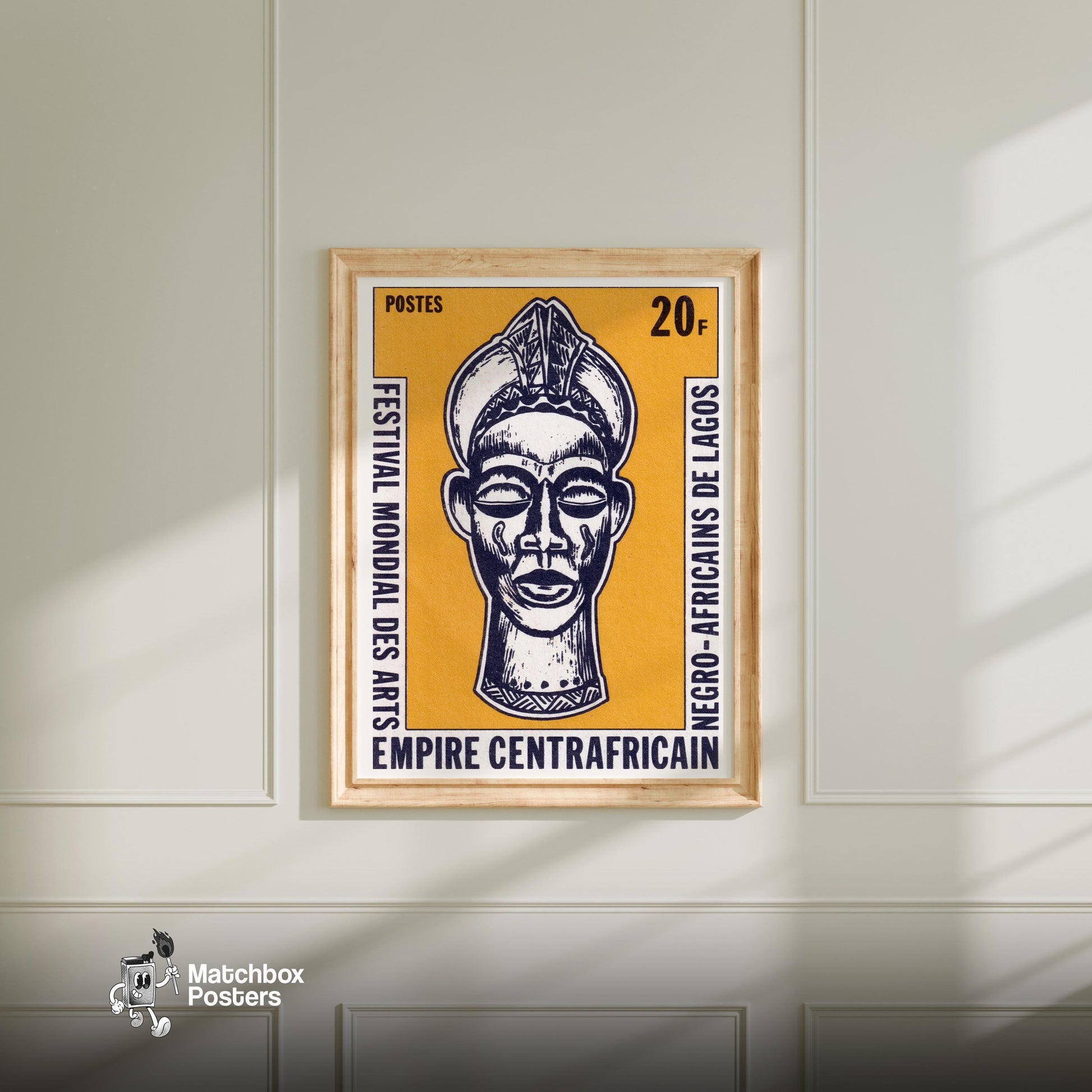 African Mask - vintage matchbox label print - bedroom mockup