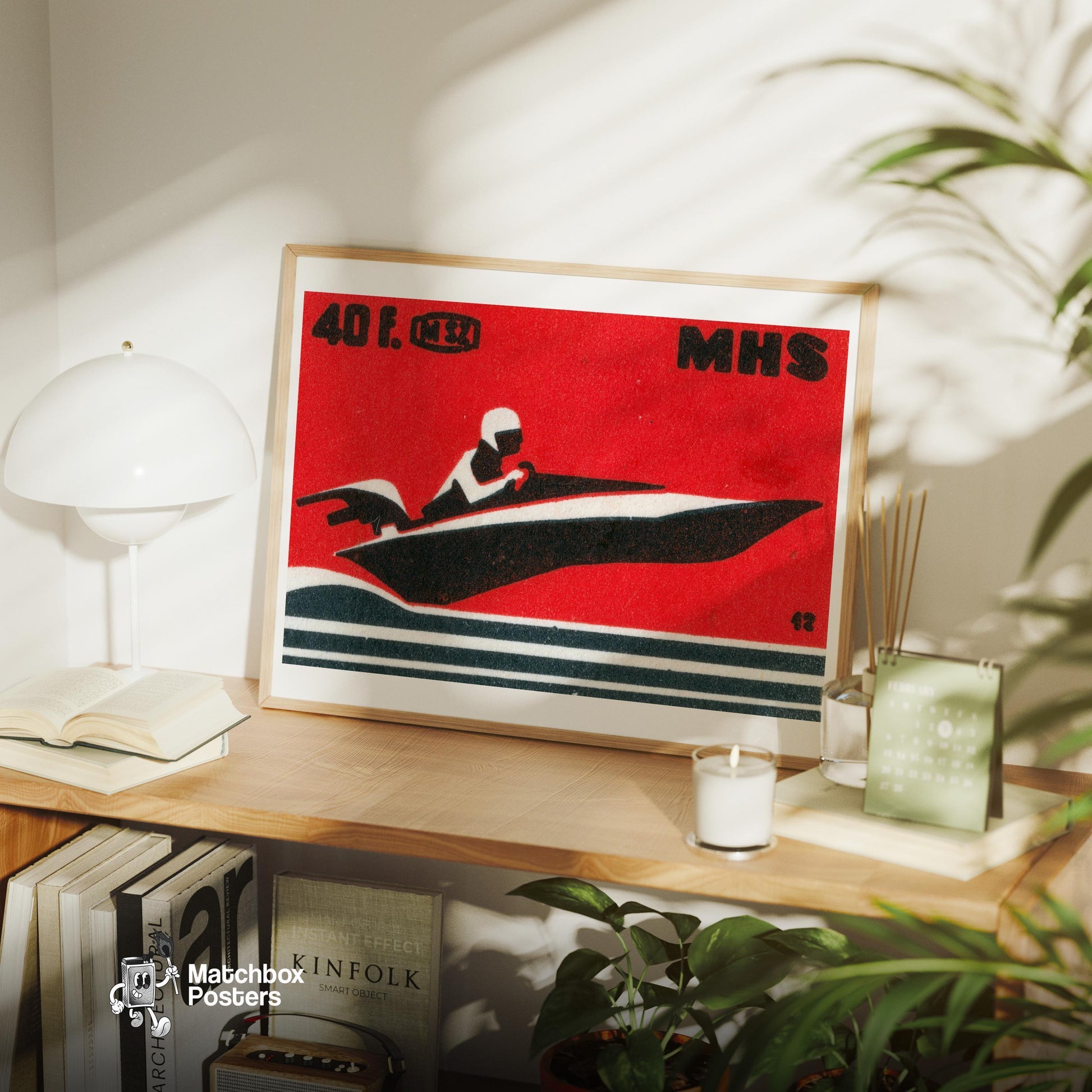 Speedboat - vintage matchbox label print - office wall